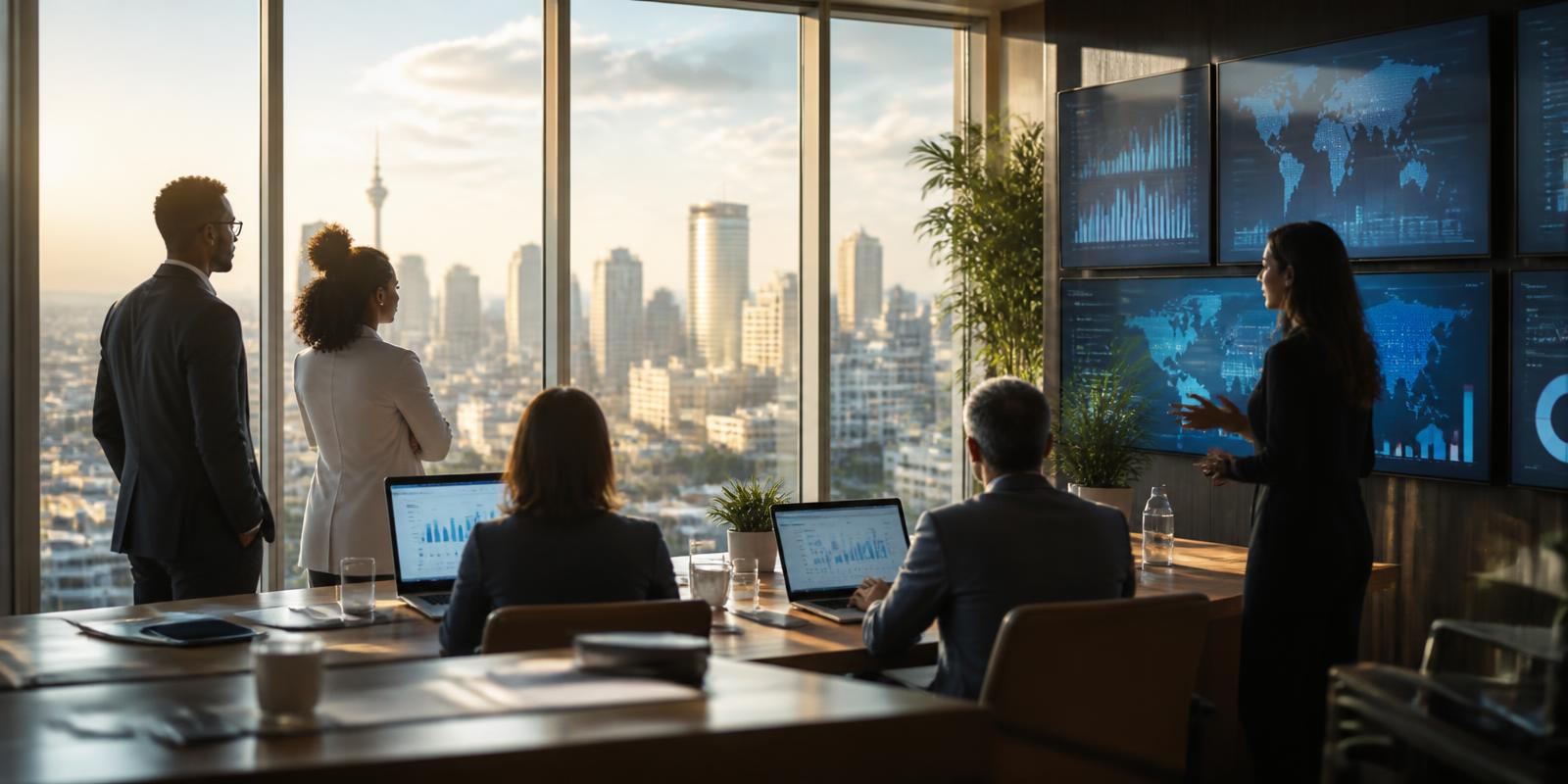 HR team reviewing people analytics dashboards in a boardroom with a city view